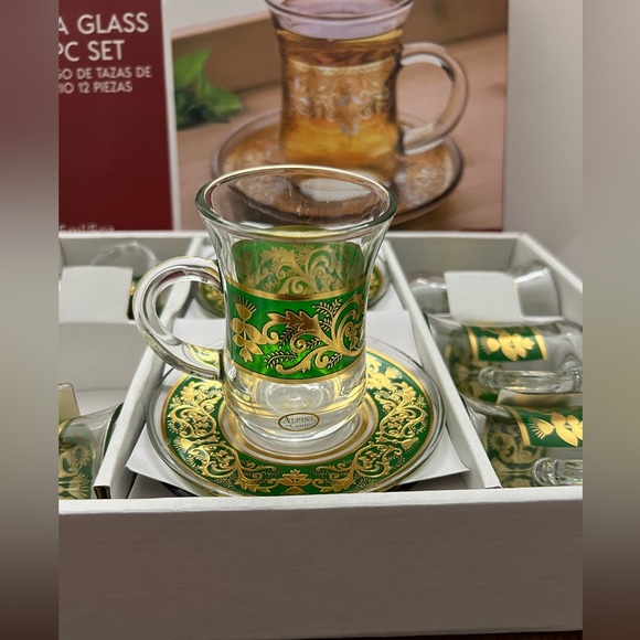 Alpine Cuisine Tea Glass Set With Saucer Gold/Green Design 12 Pc - Picture 8 of 16